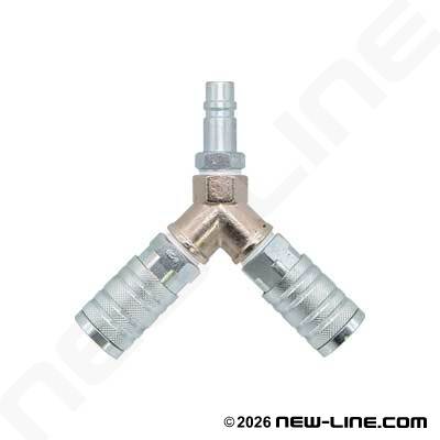 Industrial Interchange QD Y Manifold 2 Couplers x 1 Nipple